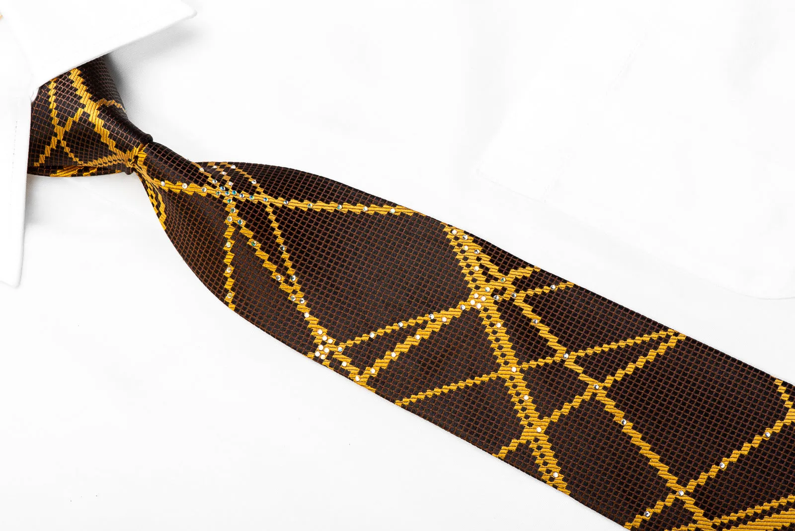 Metro City Rhinestone Silk Necktie Gold Geometric Stripes On Brown