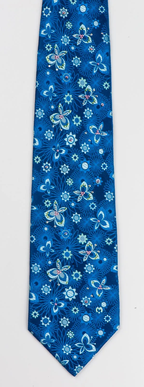 Mila Schön Mens Rhinestone Silk Neck Tie Floral & Butterflies On Blue 3 1/2 Inch