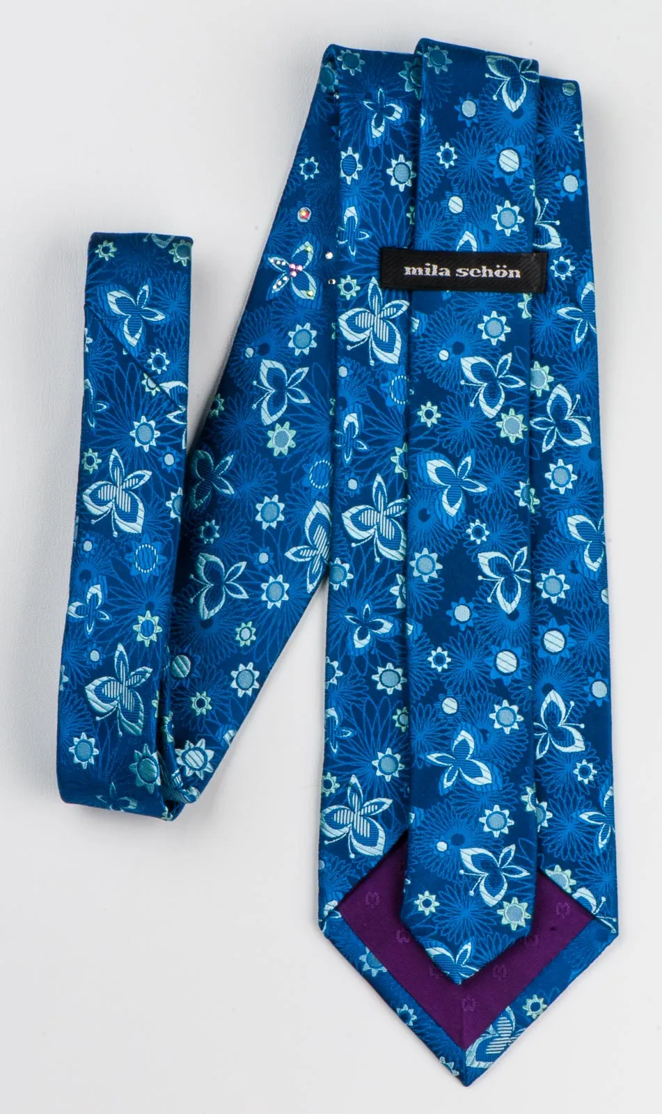 Mila Schön Mens Rhinestone Silk Neck Tie Floral & Butterflies On Blue 3 1/2 Inch