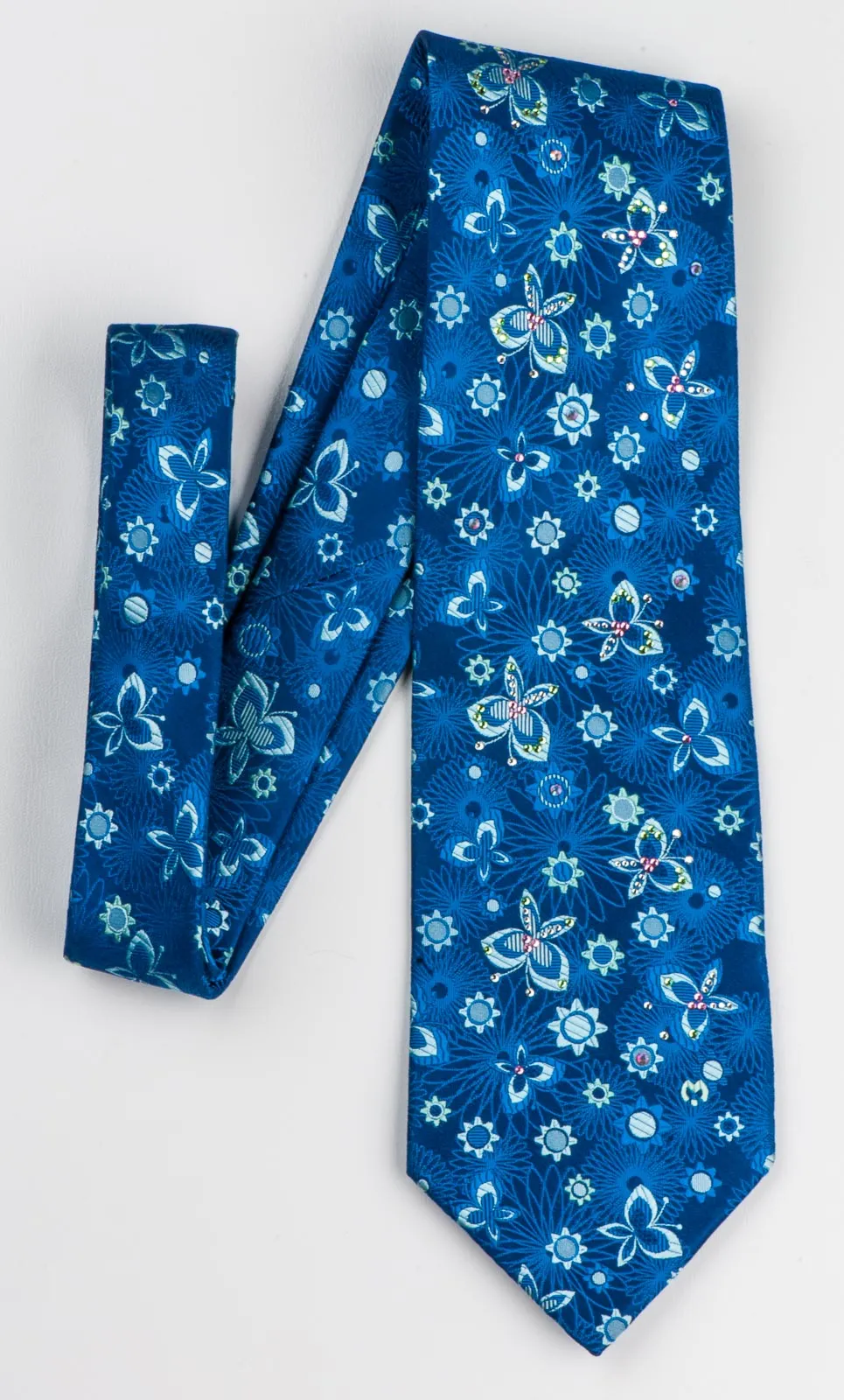 Mila Schön Mens Rhinestone Silk Neck Tie Floral & Butterflies On Blue 3 1/2 Inch