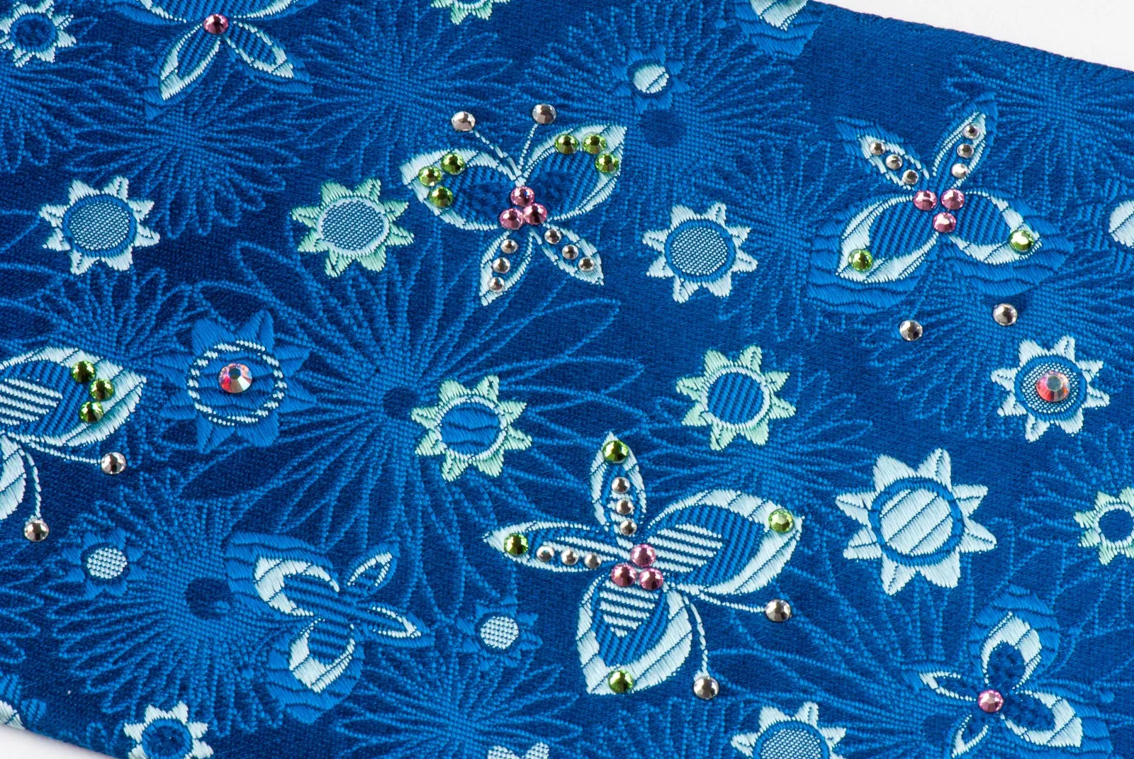 Mila Schön Mens Rhinestone Silk Neck Tie Floral & Butterflies On Blue 3 1/2 Inch