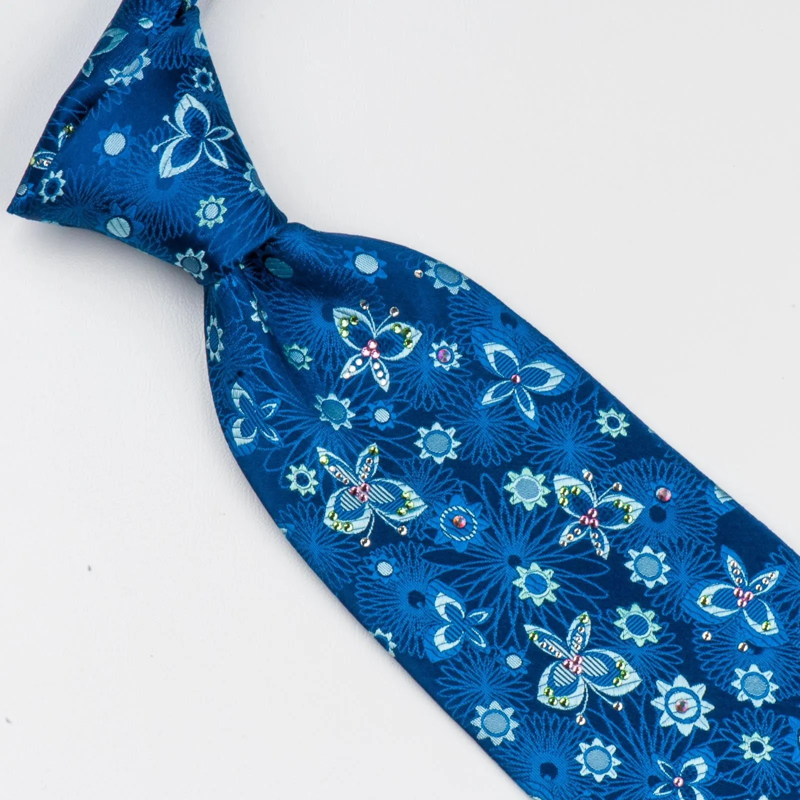 Mila Schön Mens Rhinestone Silk Neck Tie Floral & Butterflies On Blue 3 1/2 Inch