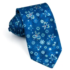 Mila Schön Mens Rhinestone Silk Neck Tie Floral & Butterflies On Blue 3 1/2 Inch