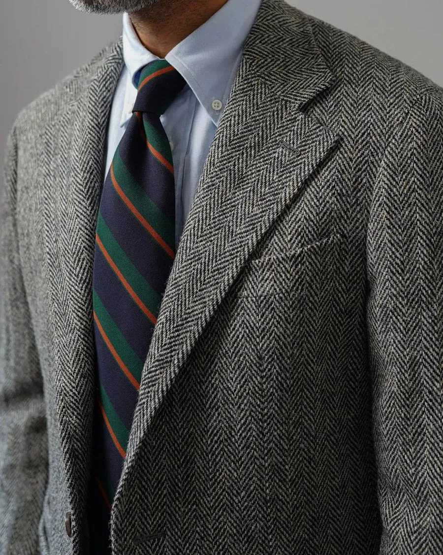 Mogador Striped Wool / Cotton Tie - Forest / Navy - Hand-Rolled