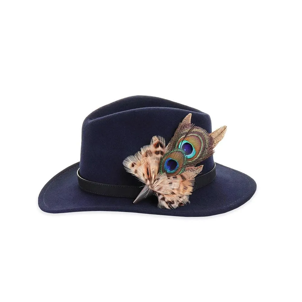 Navy Fedora with Peacock and Hen Pheasant Pin