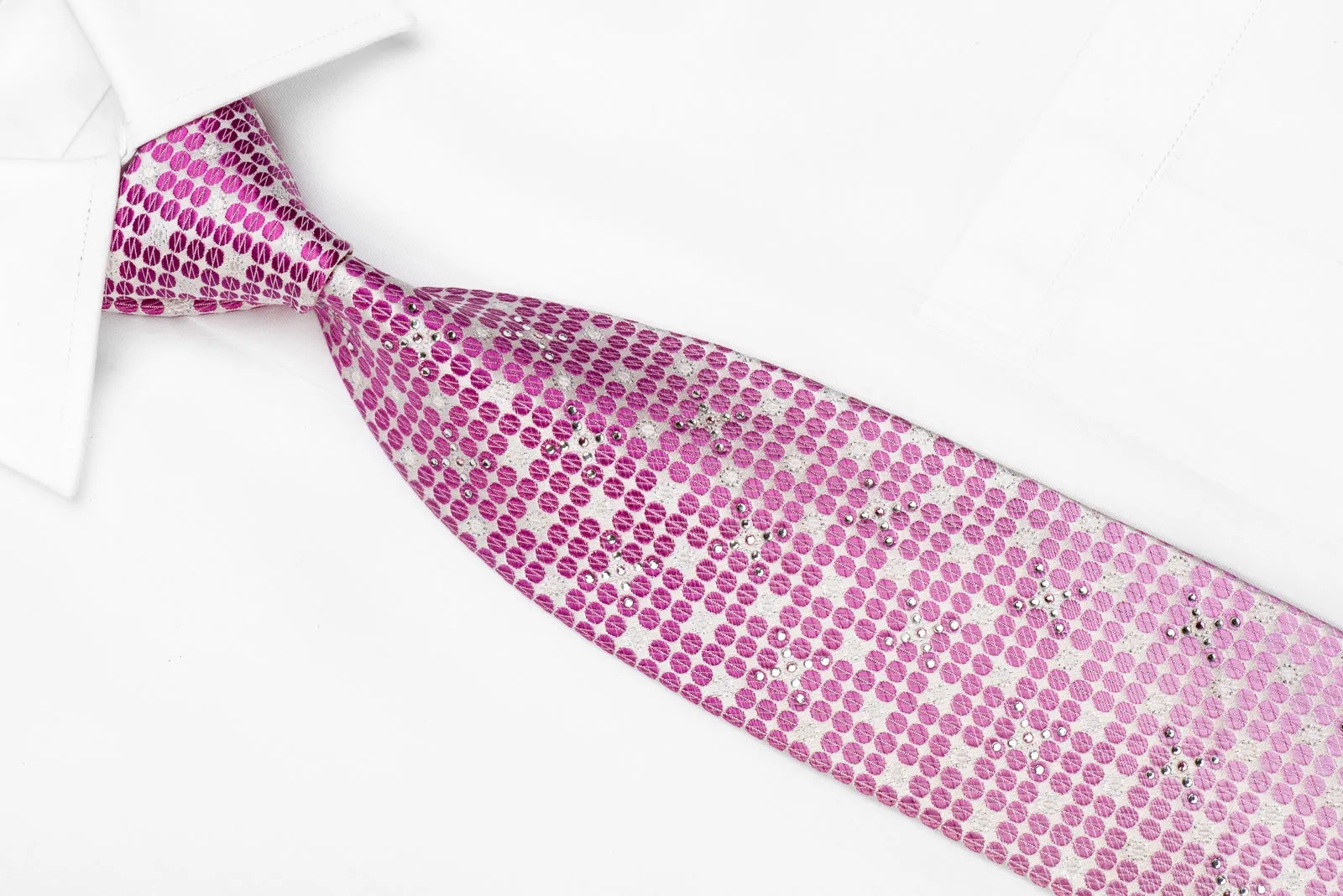 Nicole St Giles Men's Crystal Silk Necktie Pink Circles On White With Sparkles