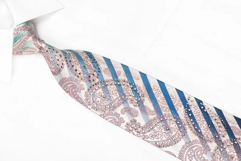 Nina Ricci Men's Crystal Silk Necktie Blue Striped Purple Paisley On White Sparkling With Rhinestones