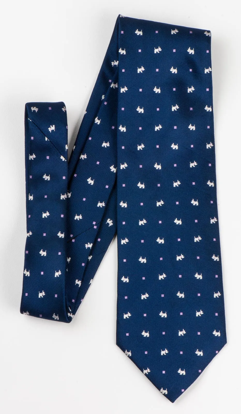 Nina Ricci Men's Silk Neck Tie Scottie Dogs On Navy Blue With Silver Sparkles