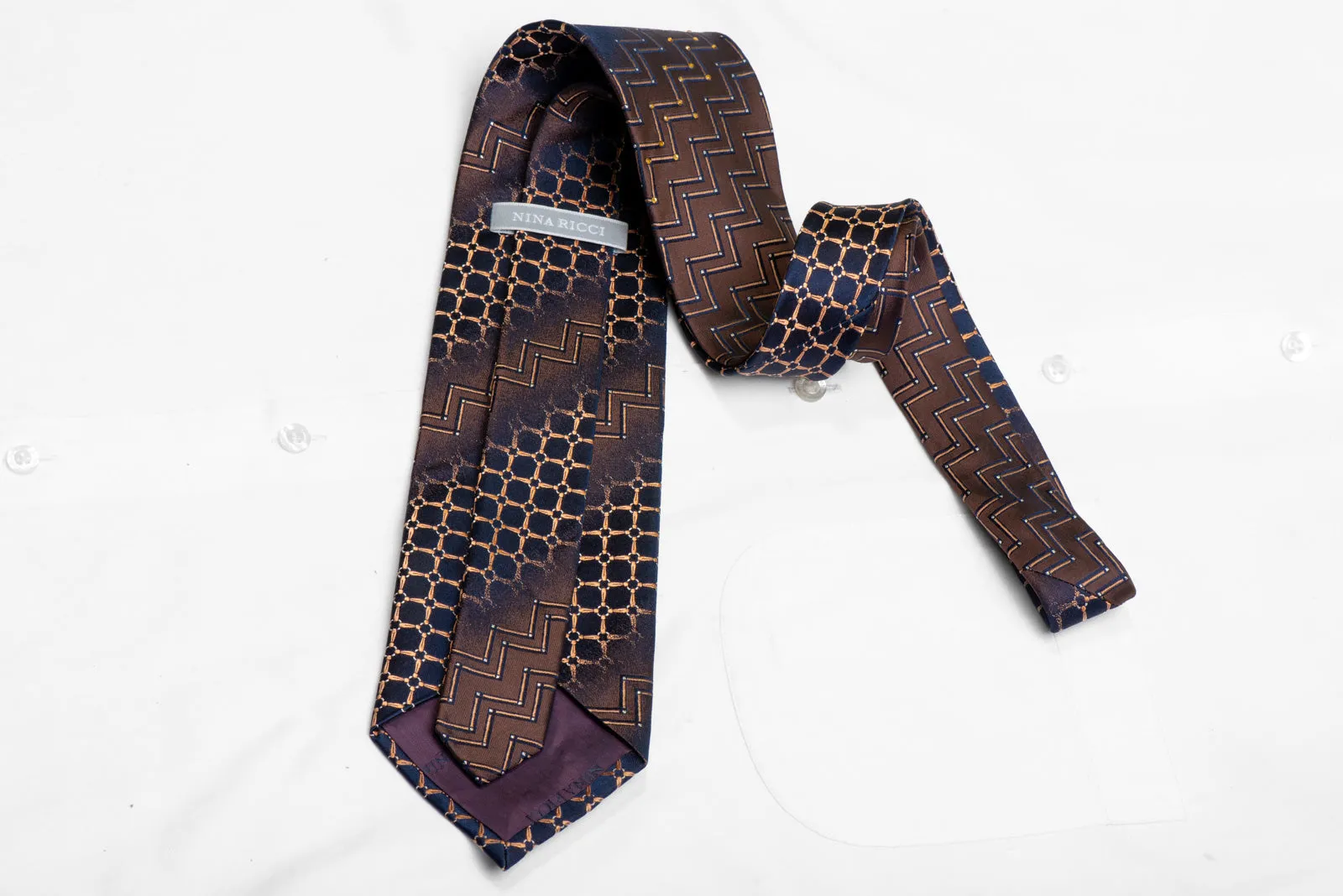 Orange Chevron Trellis On Brown Navy Rhinestone Silk Tie With Sparkles