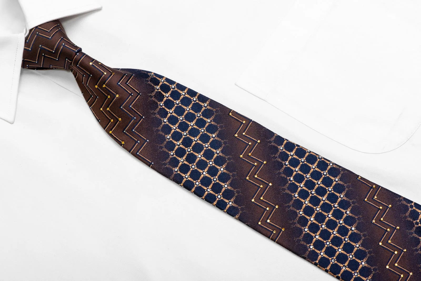 Orange Chevron Trellis On Brown Navy Rhinestone Silk Tie With Sparkles