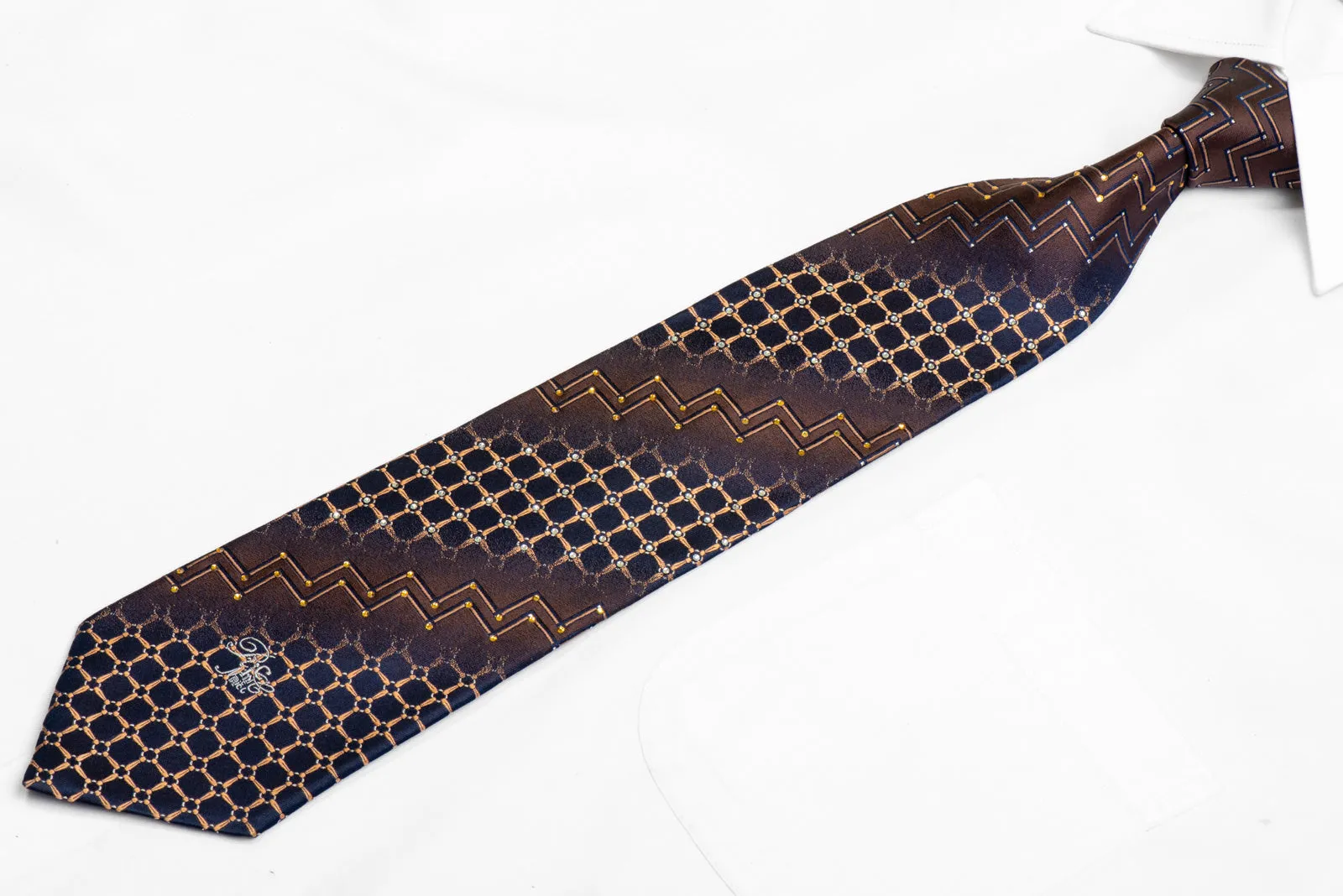 Orange Chevron Trellis On Brown Navy Rhinestone Silk Tie With Sparkles