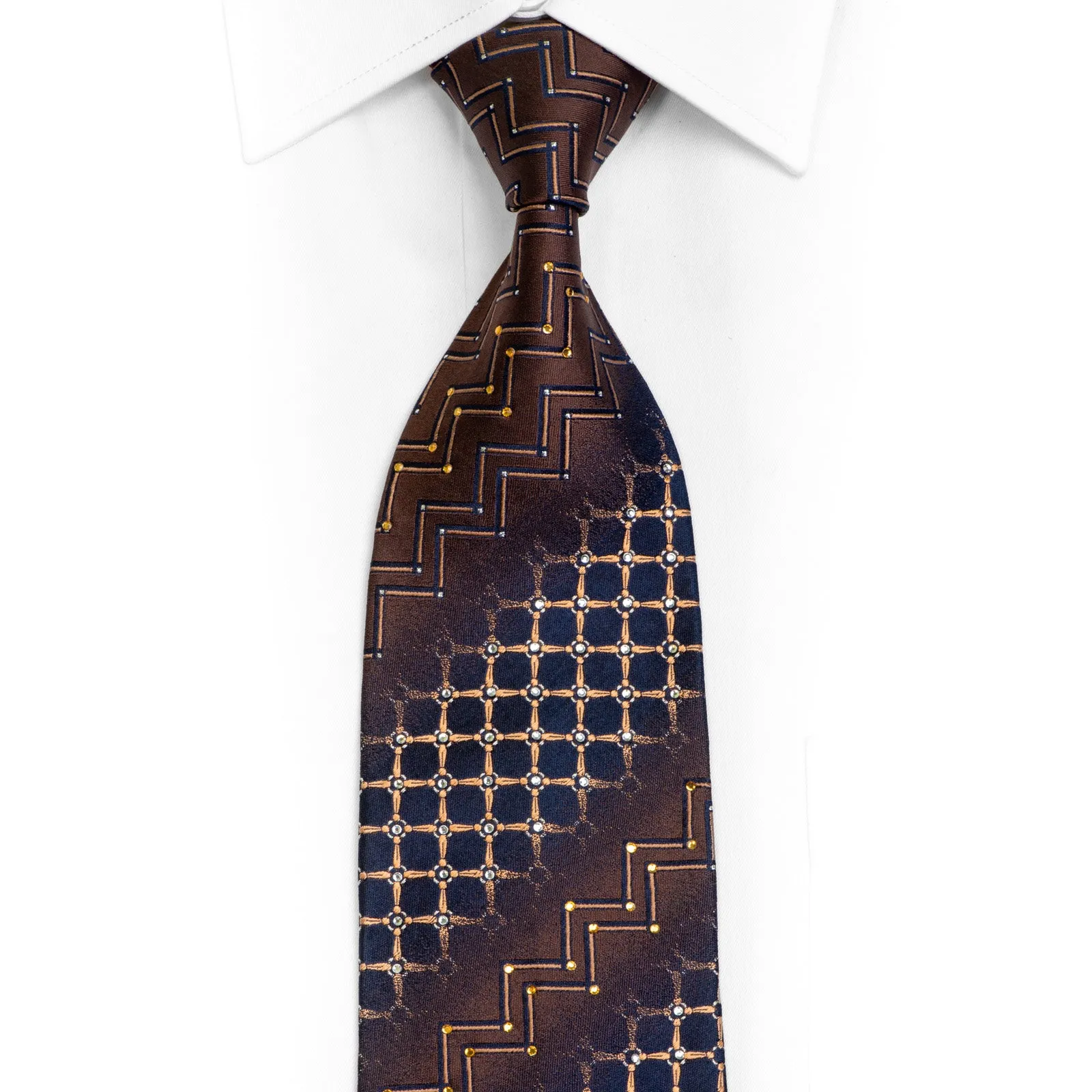 Orange Chevron Trellis On Brown Navy Rhinestone Silk Tie With Sparkles