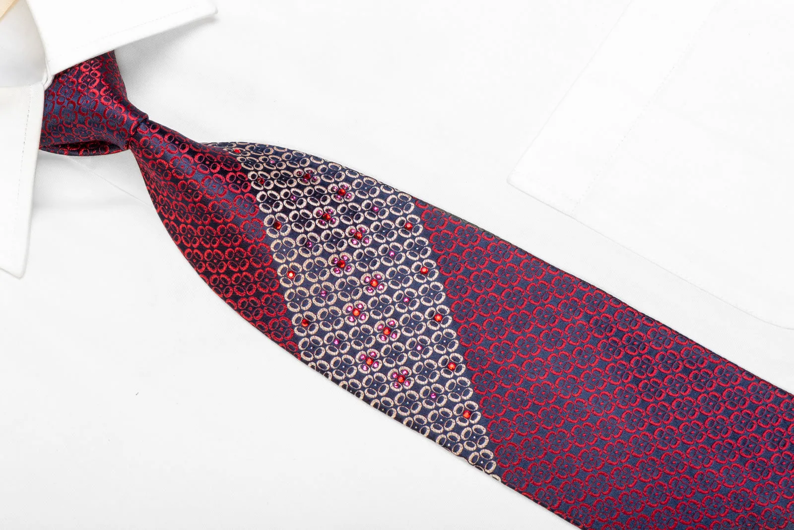 Ornate Red Silver Pattern On Navy Rhinestone Tie With Silver Sparkles