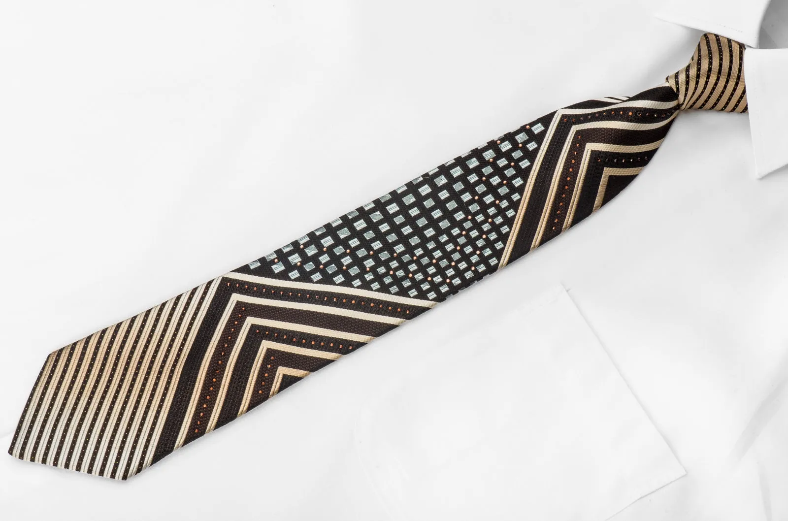 Park Land Men's Crystal Rhinestone Necktie Golden Striped Blue Squared On Black With Sparkles