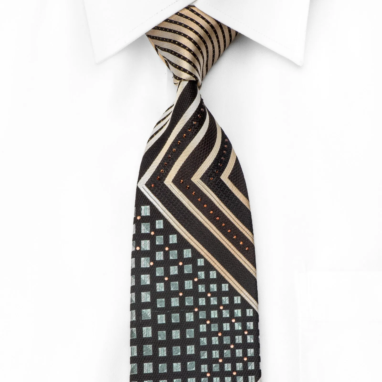 Park Land Men's Crystal Rhinestone Necktie Golden Striped Blue Squared On Black With Sparkles