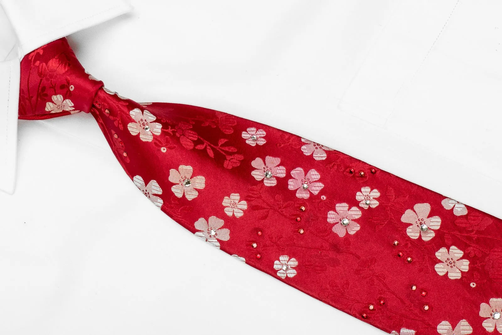 Perry Ellis Men's Crystal Silk Tie Floral On Red With Silver Sparkles