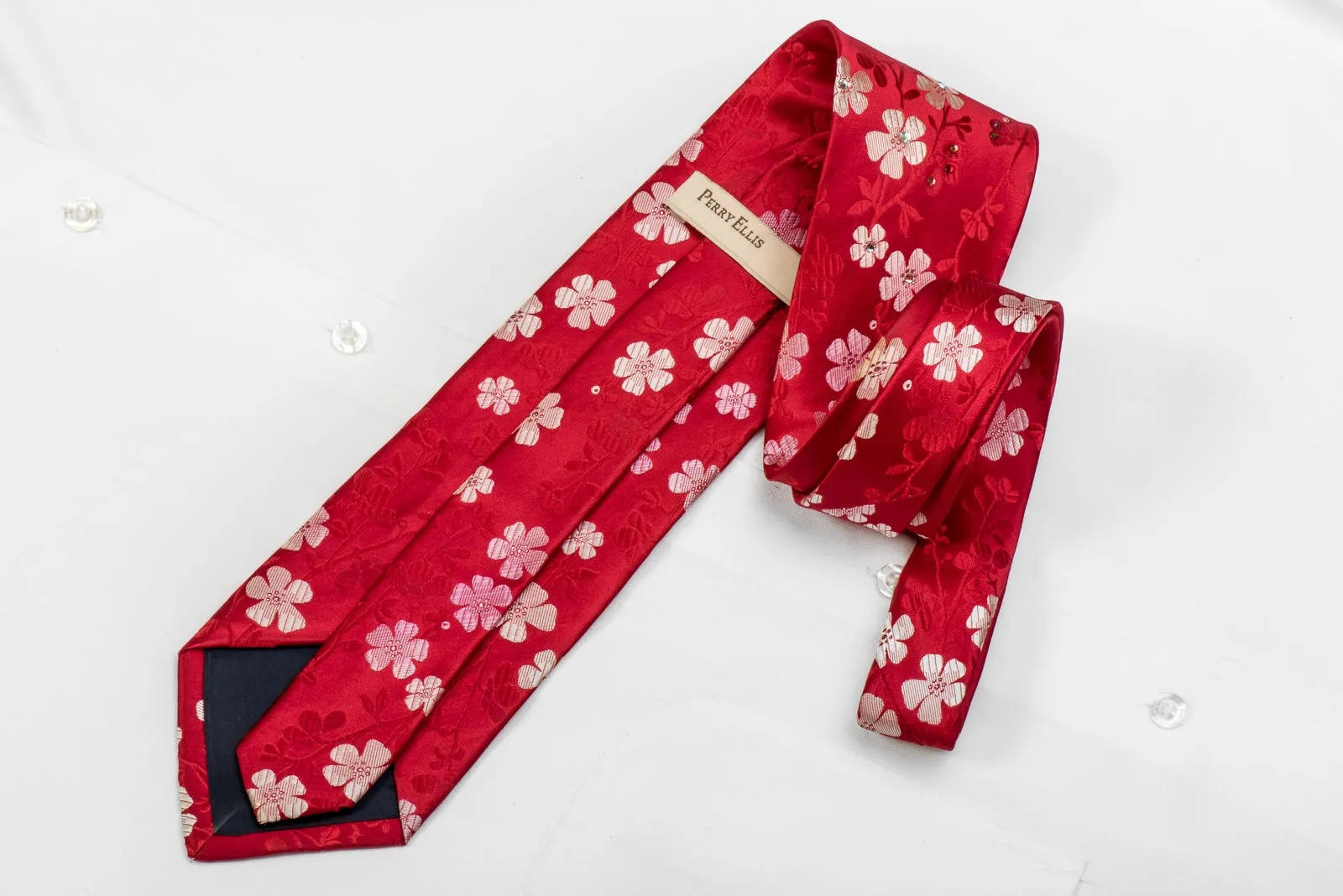 Perry Ellis Men's Crystal Silk Tie Floral On Red With Silver Sparkles