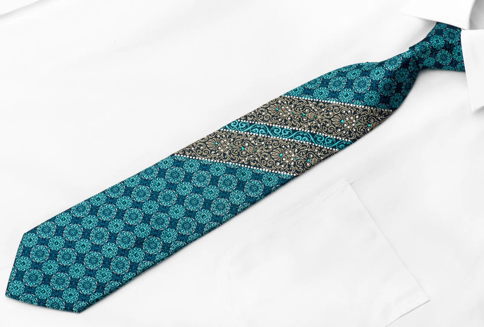 Perry Ellis Men's Crystal Silk Tie Turquoise Gold Cartouche With Silver Sparkles