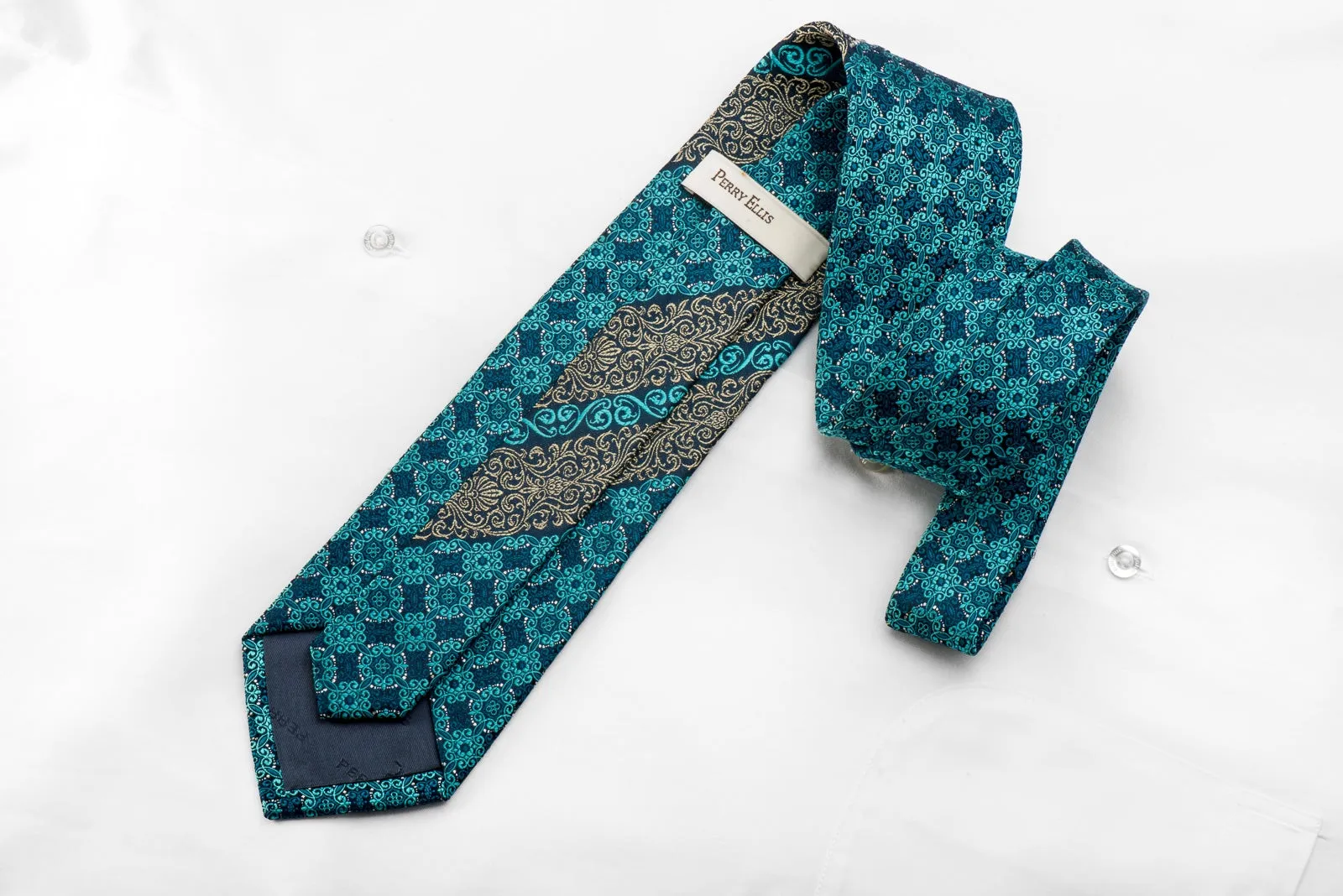 Perry Ellis Men's Crystal Silk Tie Turquoise Gold Cartouche With Silver Sparkles