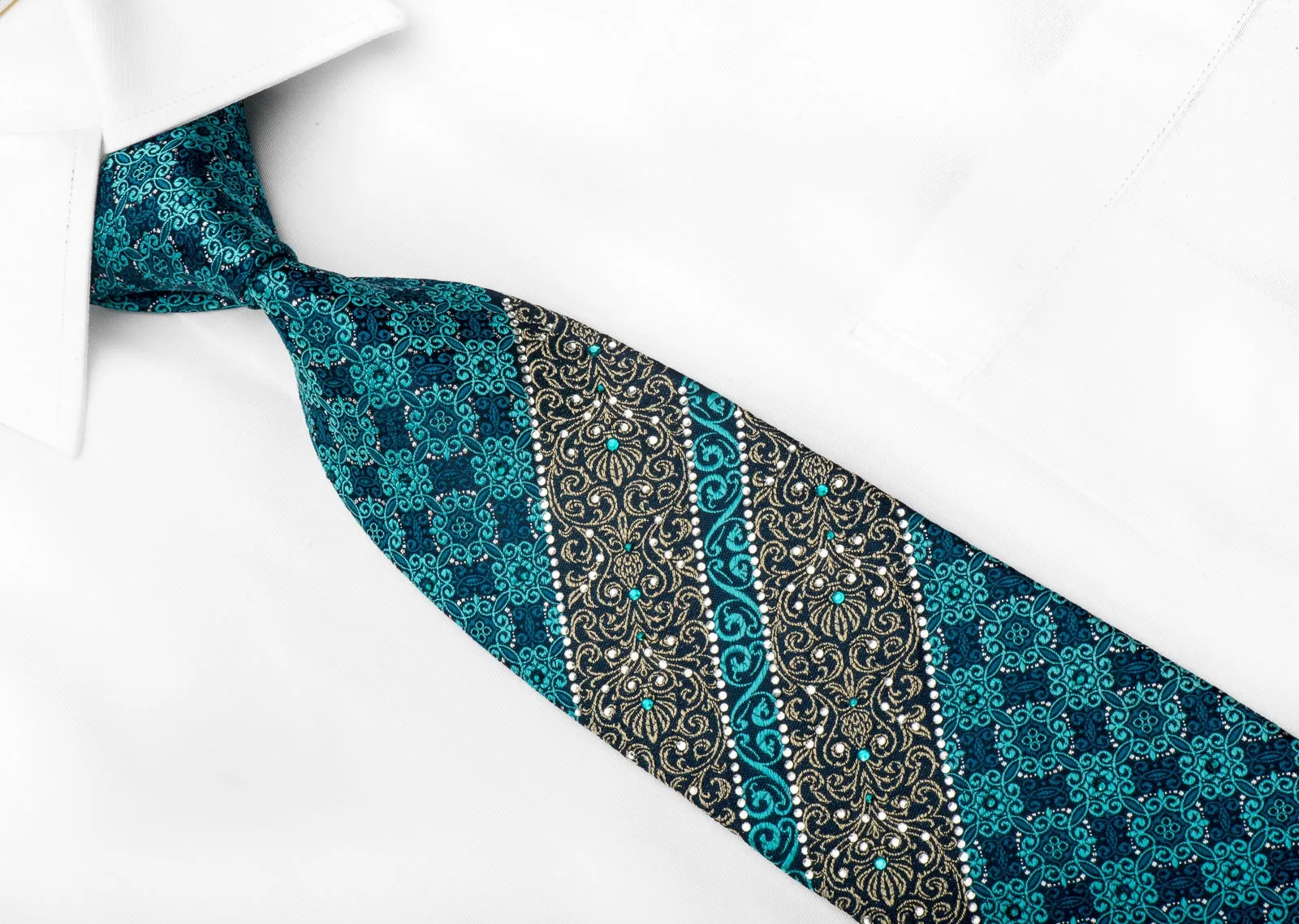 Perry Ellis Men's Crystal Silk Tie Turquoise Gold Cartouche With Silver Sparkles