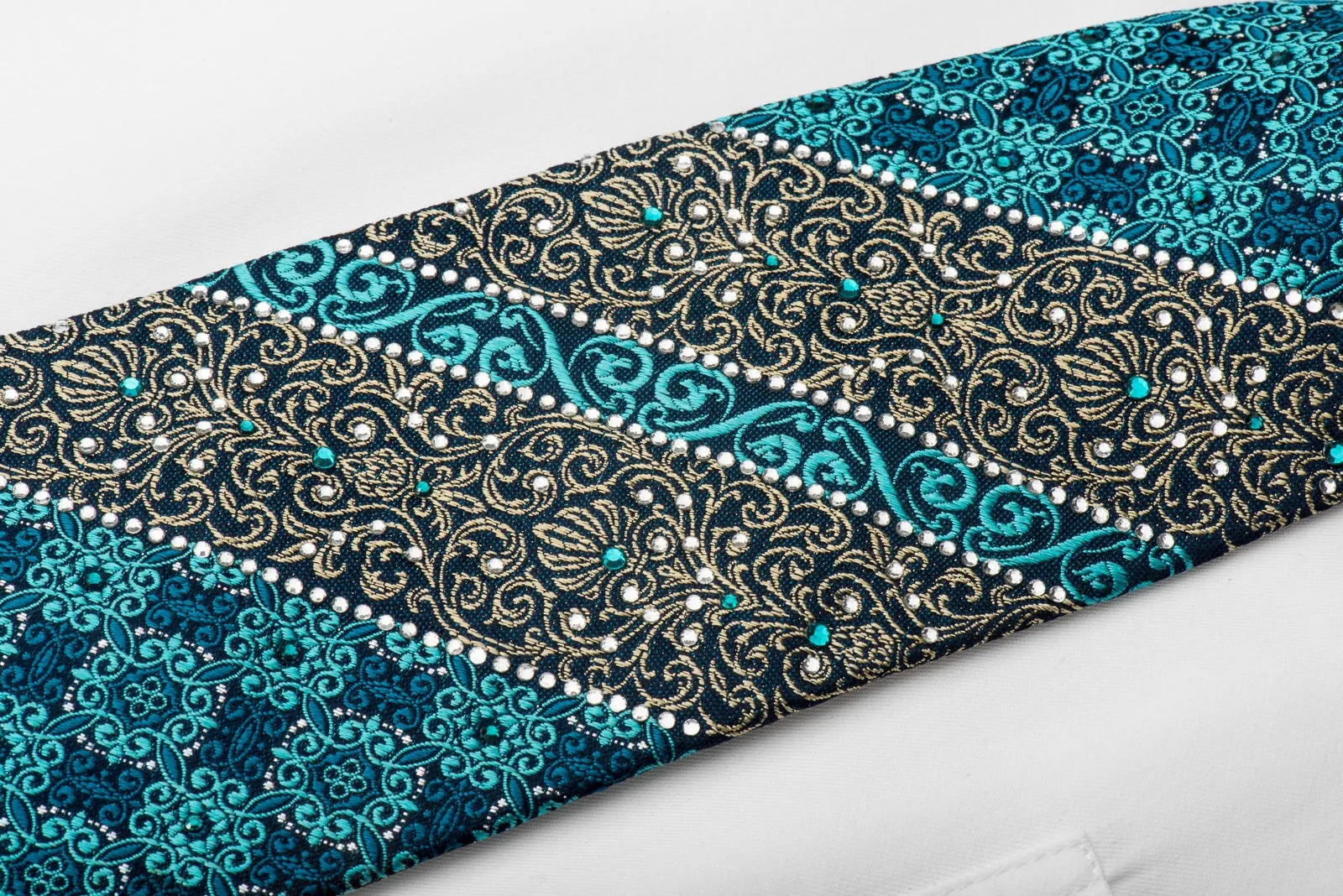 Perry Ellis Men's Crystal Silk Tie Turquoise Gold Cartouche With Silver Sparkles