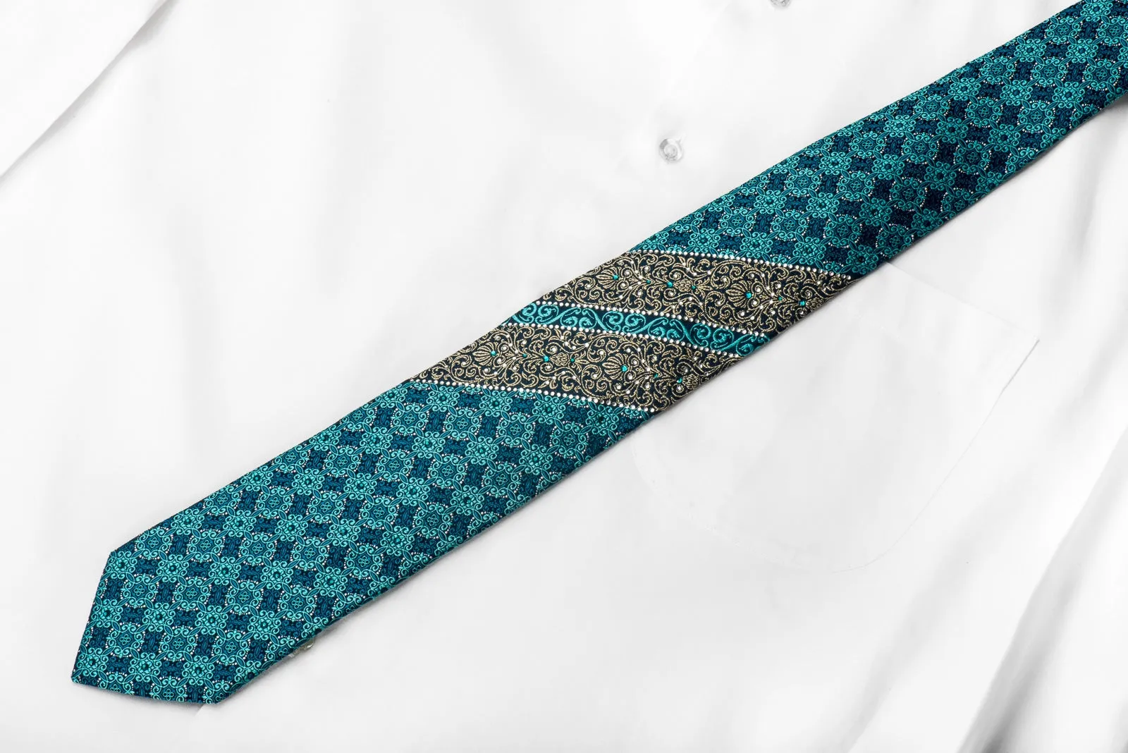 Perry Ellis Men's Crystal Silk Tie Turquoise Gold Cartouche With Silver Sparkles