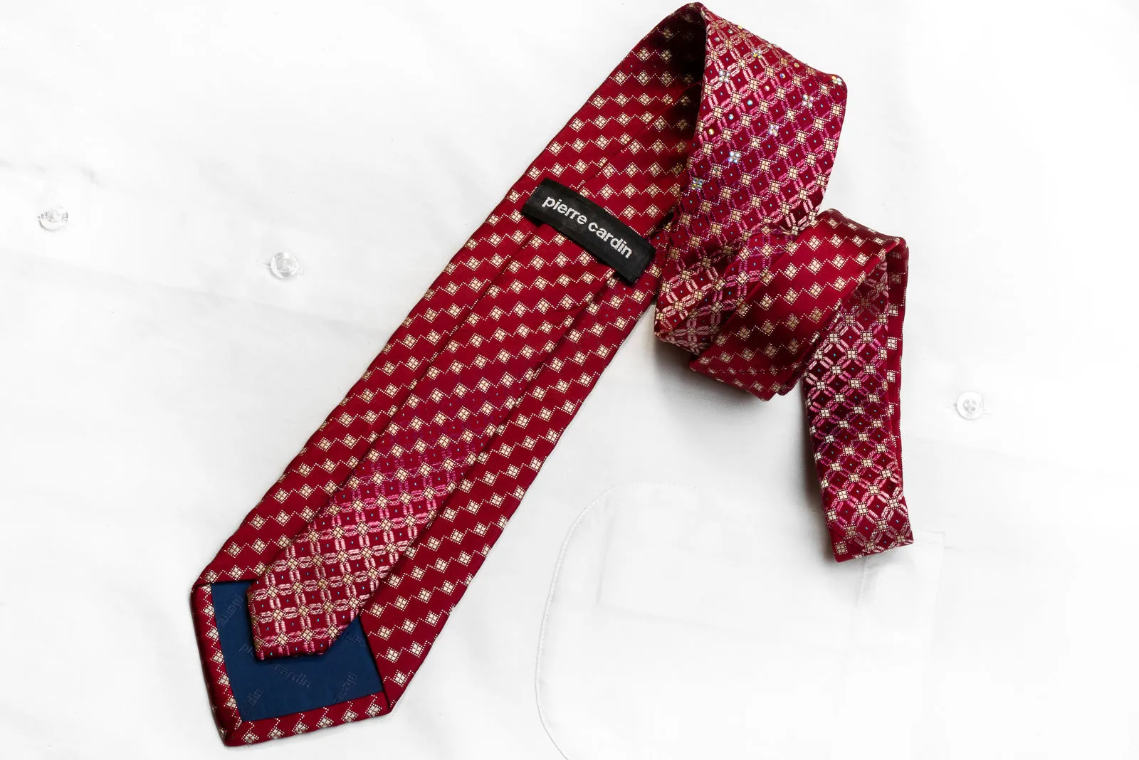 Pierre Cardin Men's Rhinestone Necktie Geometric On Burgundy With Silver Sparkles