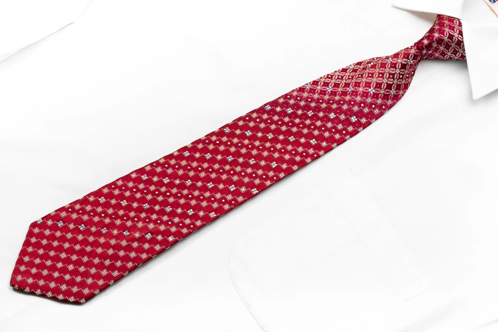 Pierre Cardin Men's Rhinestone Necktie Geometric On Burgundy With Silver Sparkles