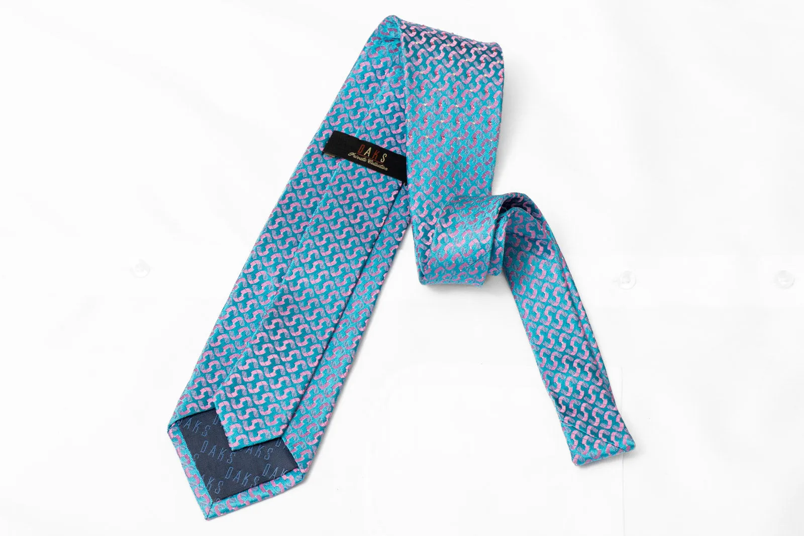 Pink Geometric On Blue Rhinestone Silk Tie With Silver Sparkles