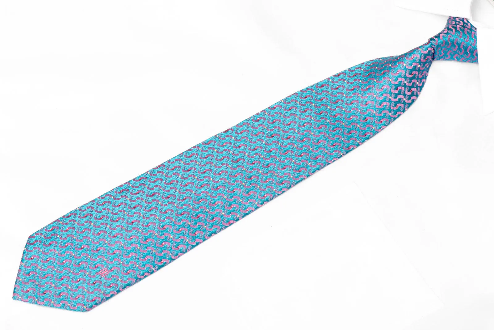 Pink Geometric On Blue Rhinestone Silk Tie With Silver Sparkles