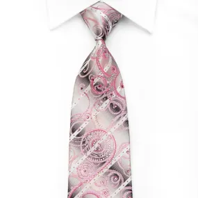 Pink Scrolls Striped On Pink Silver Men's Crystal Silk Necktie With Sparkles