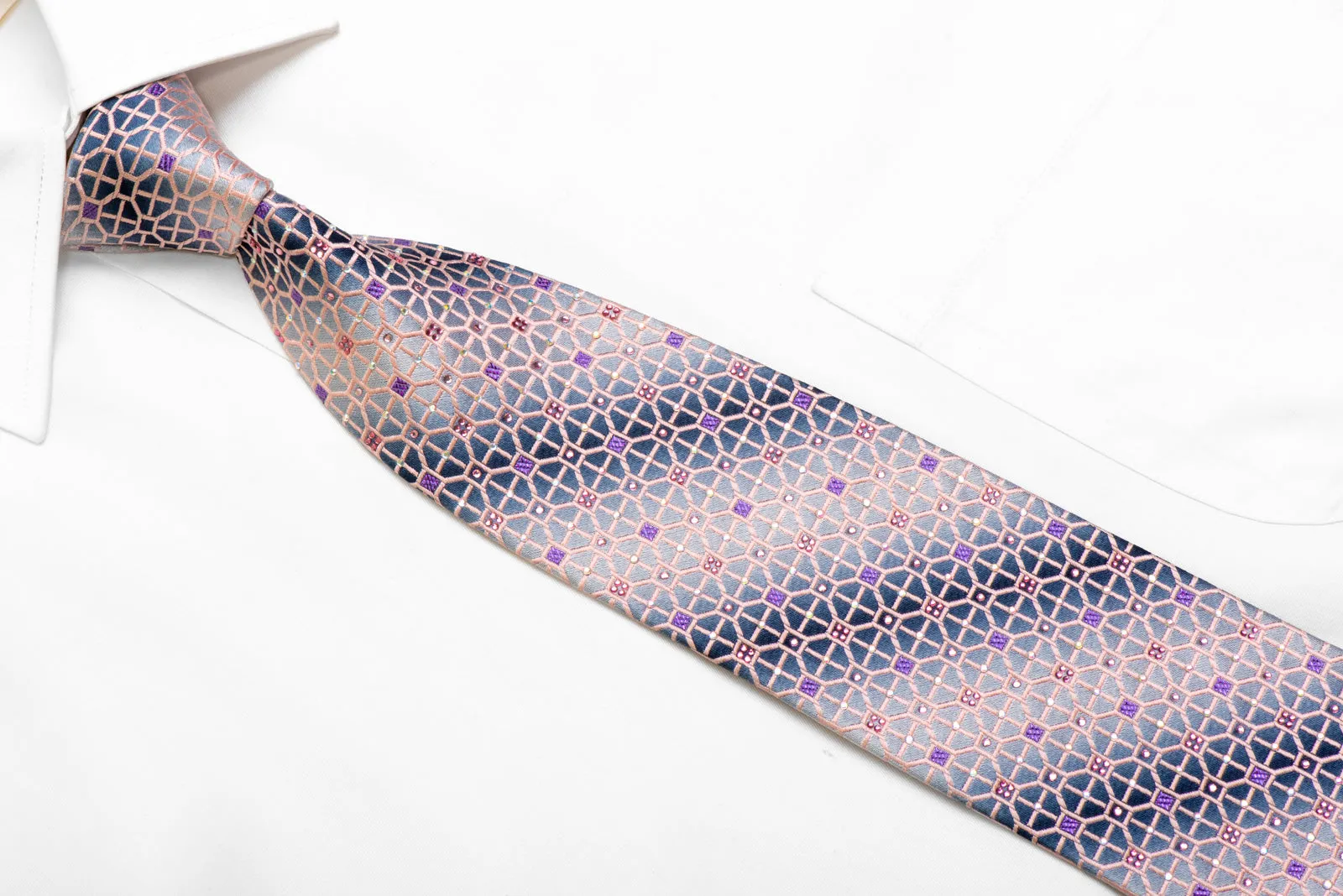 Pink Trellis On Silver Rhinestone Silk Necktie With Purple Sparkles