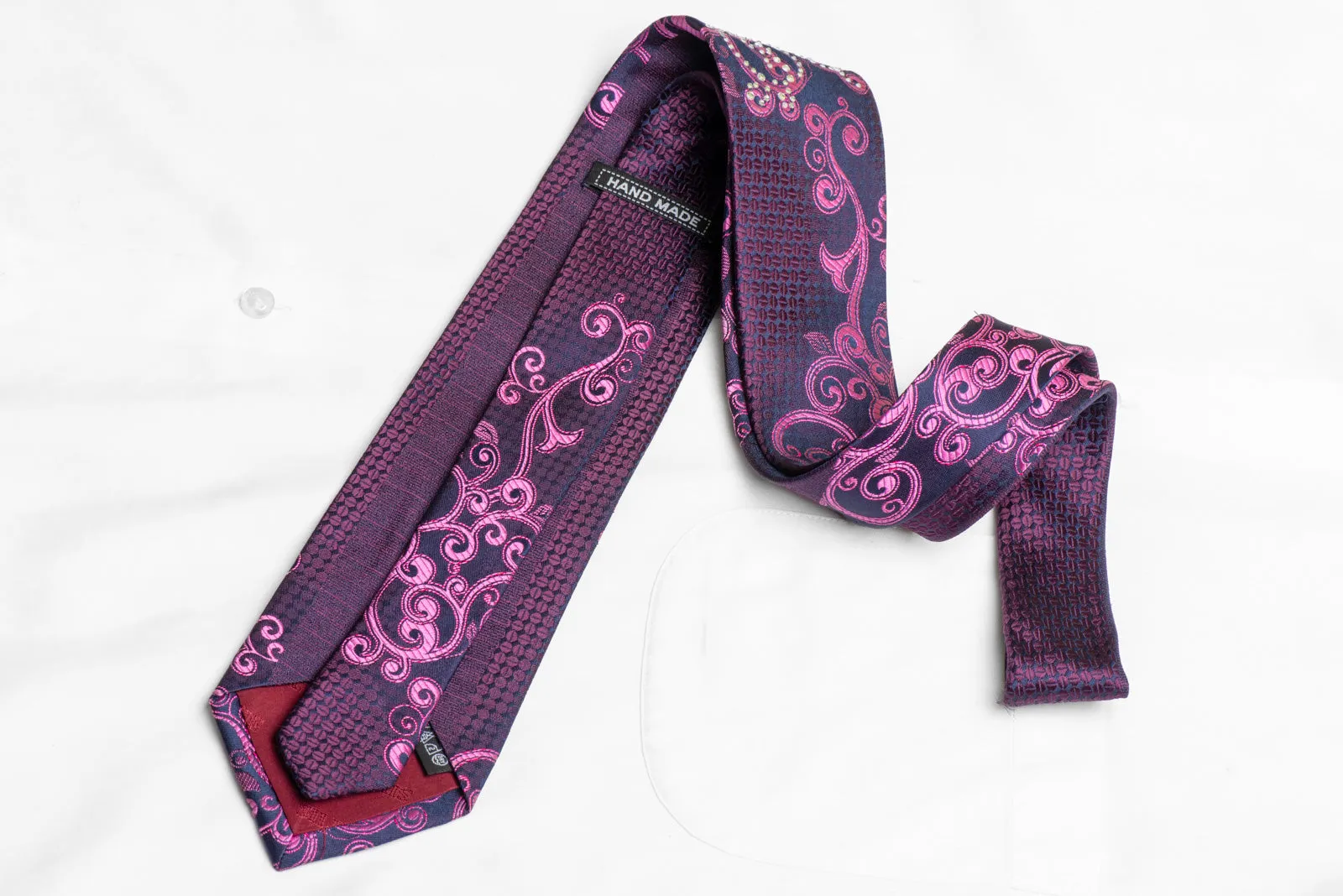 Purple Scrolls & Geometric On Navy Rhinestone Tie With Sparkles