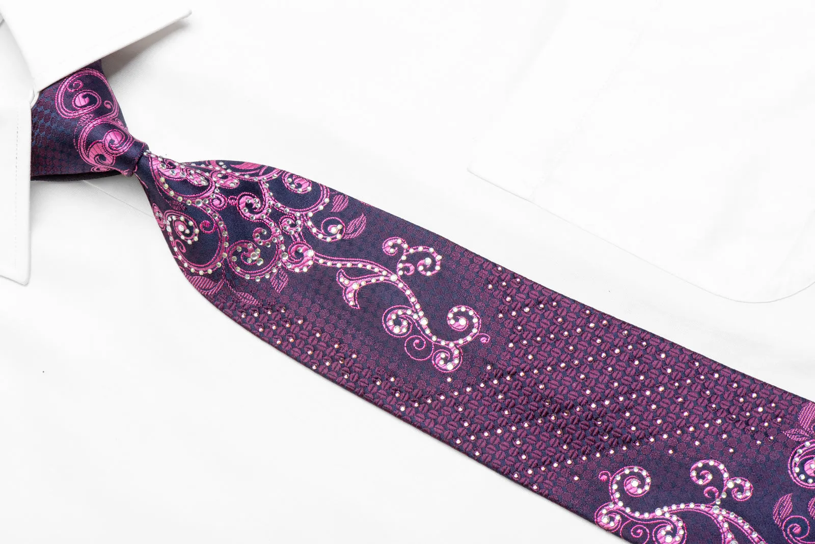 Purple Scrolls & Geometric On Navy Rhinestone Tie With Sparkles