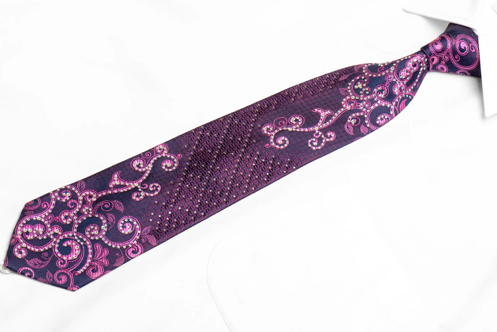 Purple Scrolls & Geometric On Navy Rhinestone Tie With Sparkles