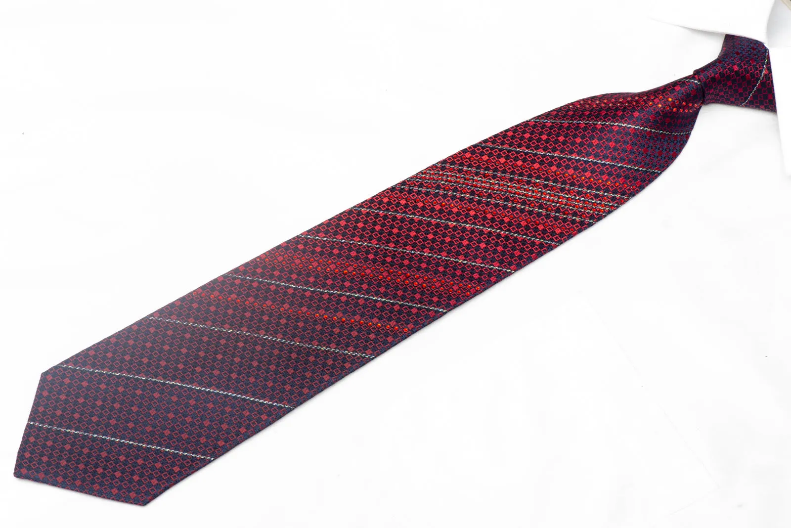 Red Geometric On Blue Rhinestone Silk Necktie With Silver Sparkles