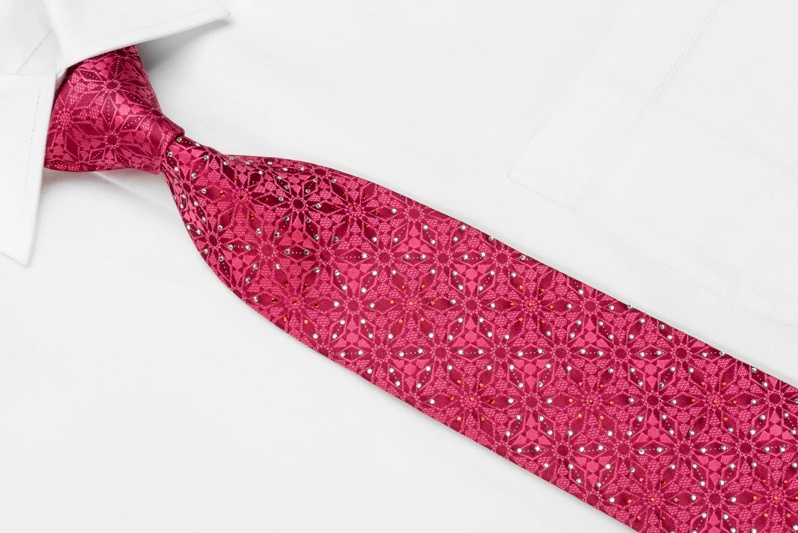 Remizio Men's Crystal Silk Necktie Arabesk On Red With Silver Sparkles