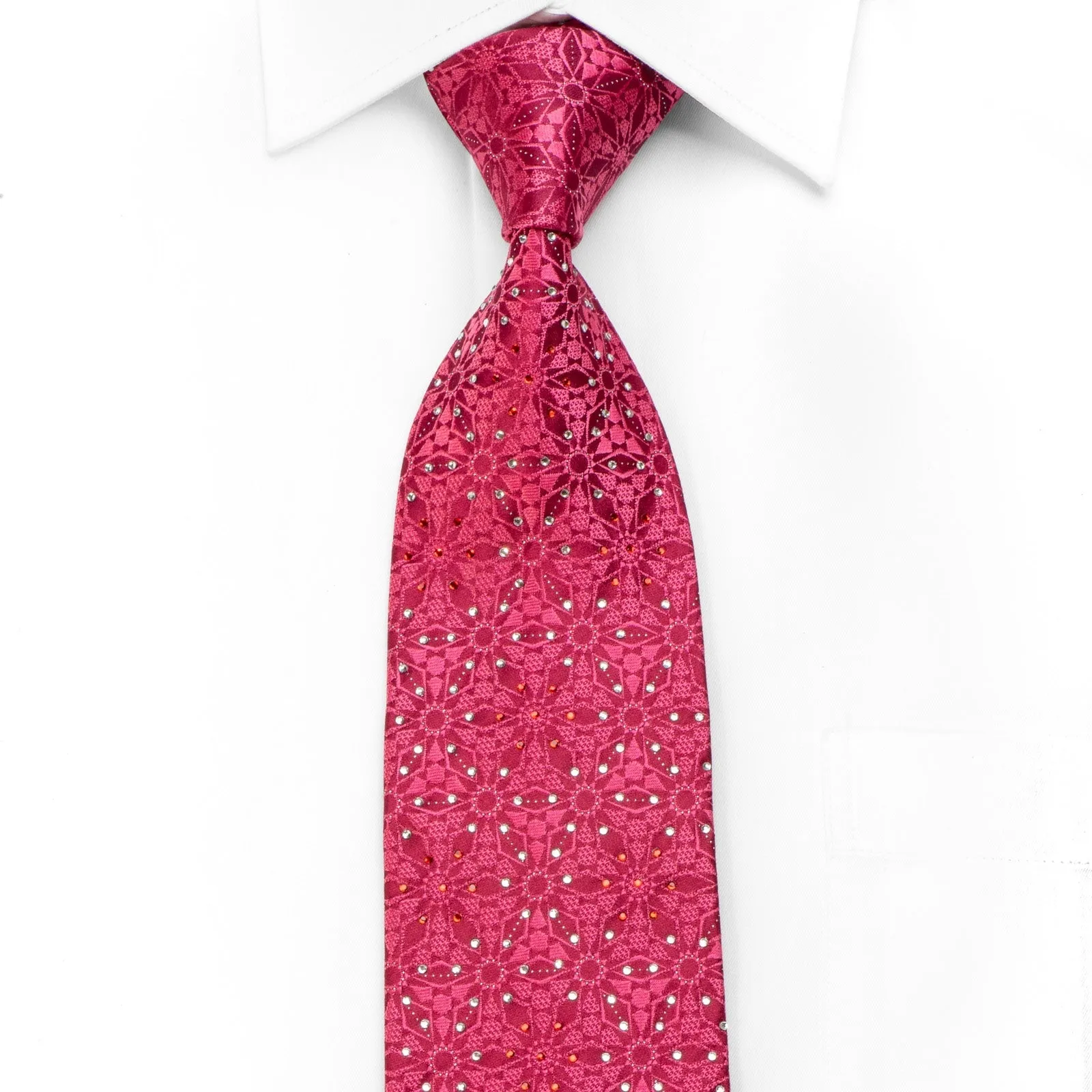 Remizio Men's Crystal Silk Necktie Arabesk On Red With Silver Sparkles