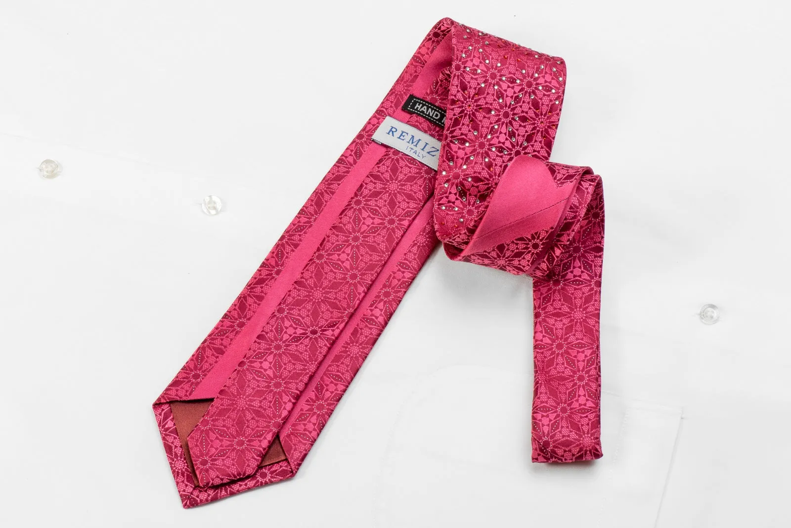 Remizio Men's Crystal Silk Necktie Arabesk On Red With Silver Sparkles