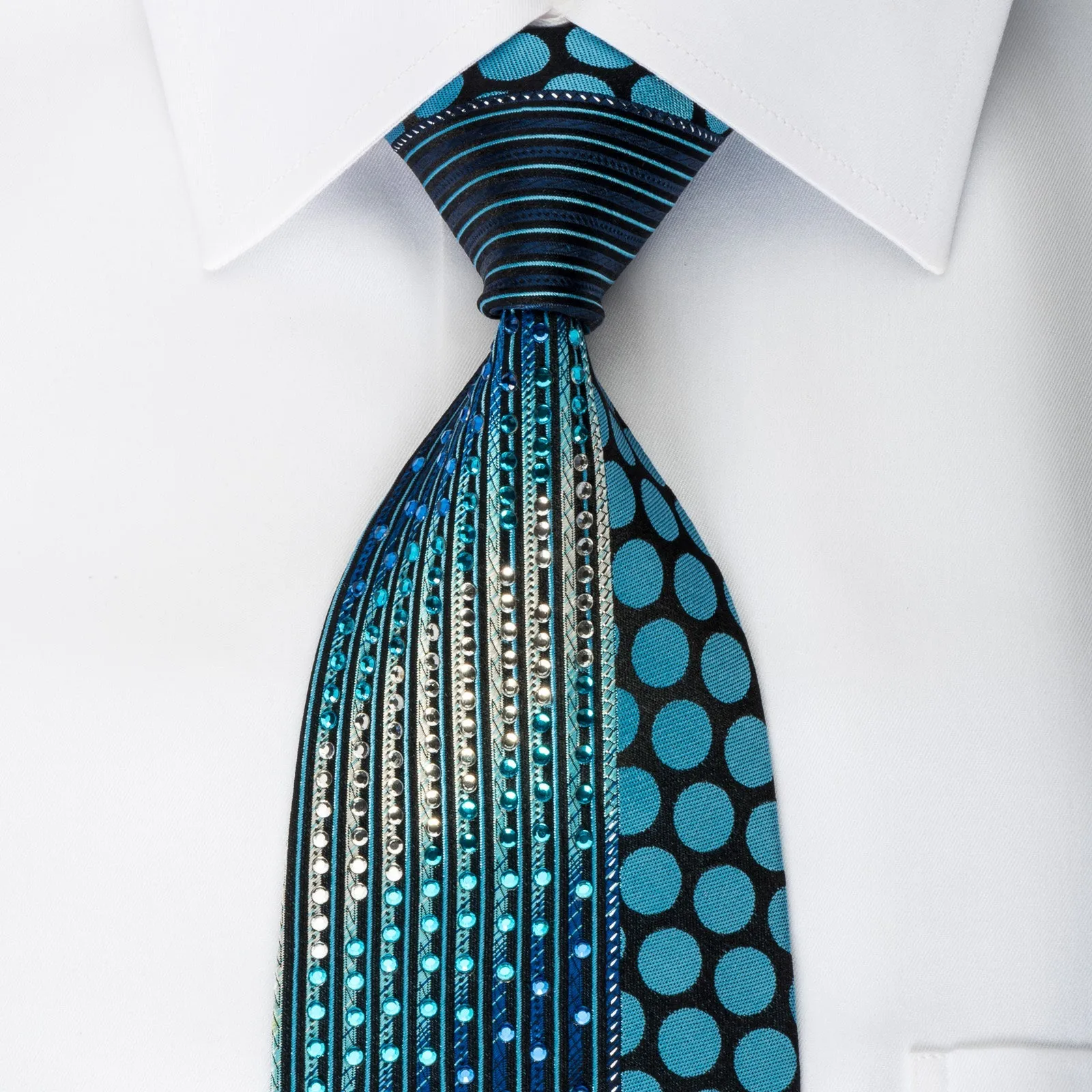 Remizio Rhinestone Silk Necktie Vertical Striped & Dots On Blue With Sparkles