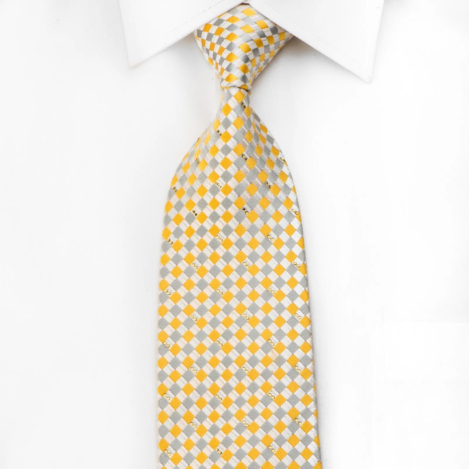 Renoma Men's Crystal Rhinestone Necktie Yellow Silver Checker Design With Sparkles