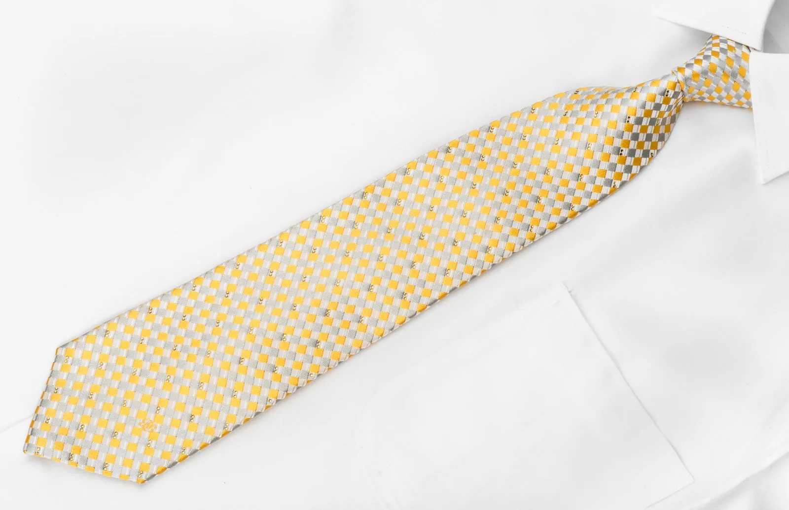 Renoma Men's Crystal Rhinestone Necktie Yellow Silver Checker Design With Sparkles