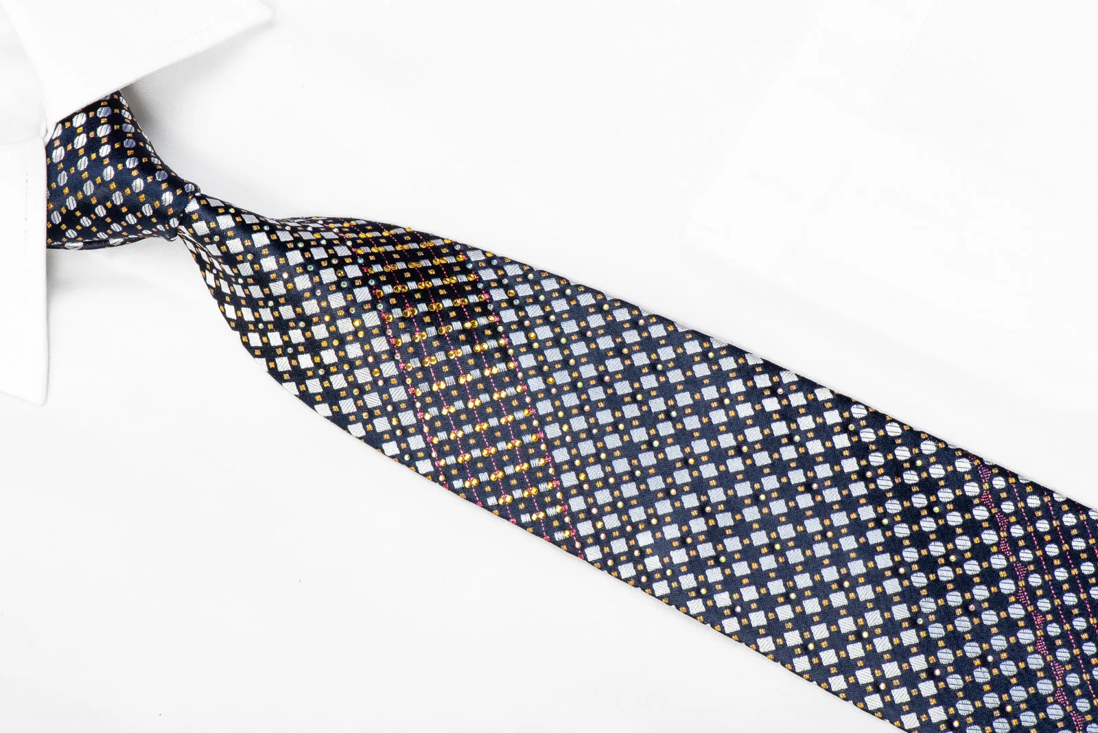 Renoma Men's Rhinestone Tie Silver Geometric On Navy With Sparkles