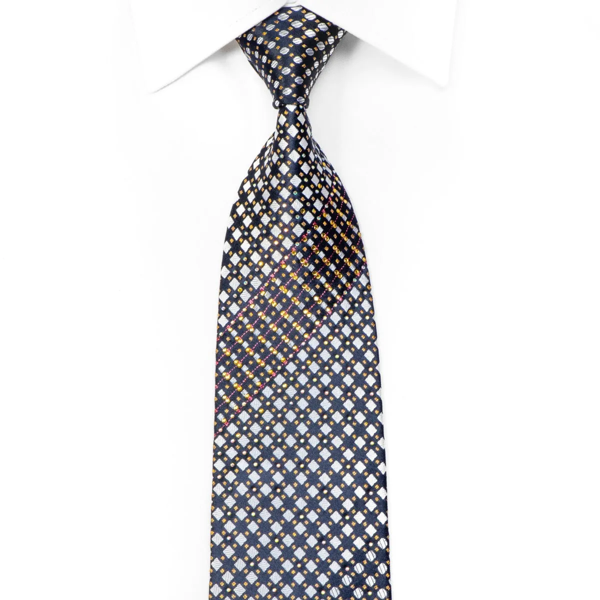 Renoma Men's Rhinestone Tie Silver Geometric On Navy With Sparkles