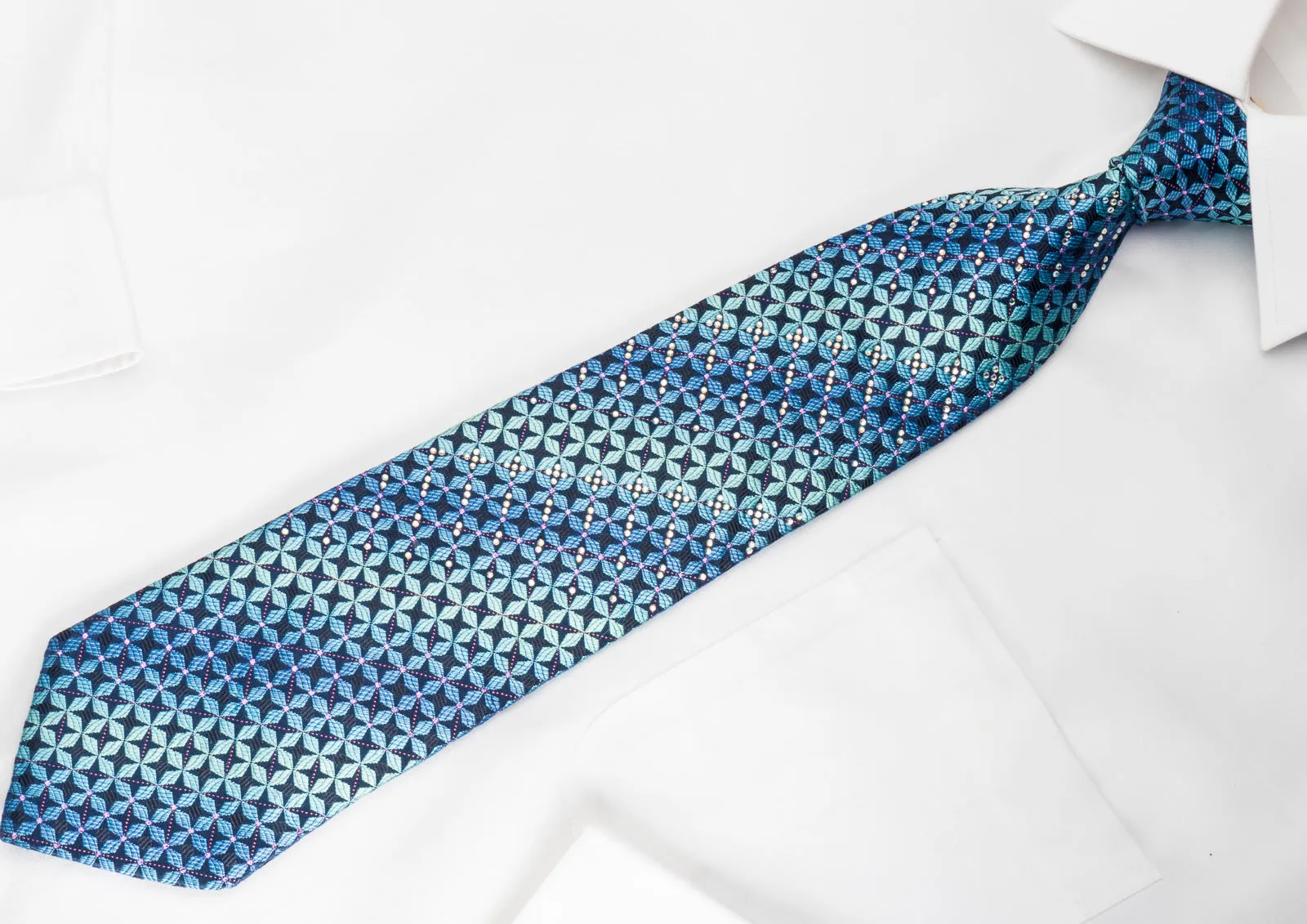 Renoma Rhinestone Silk Necktie Geometric On Navy With Purple Sparkles