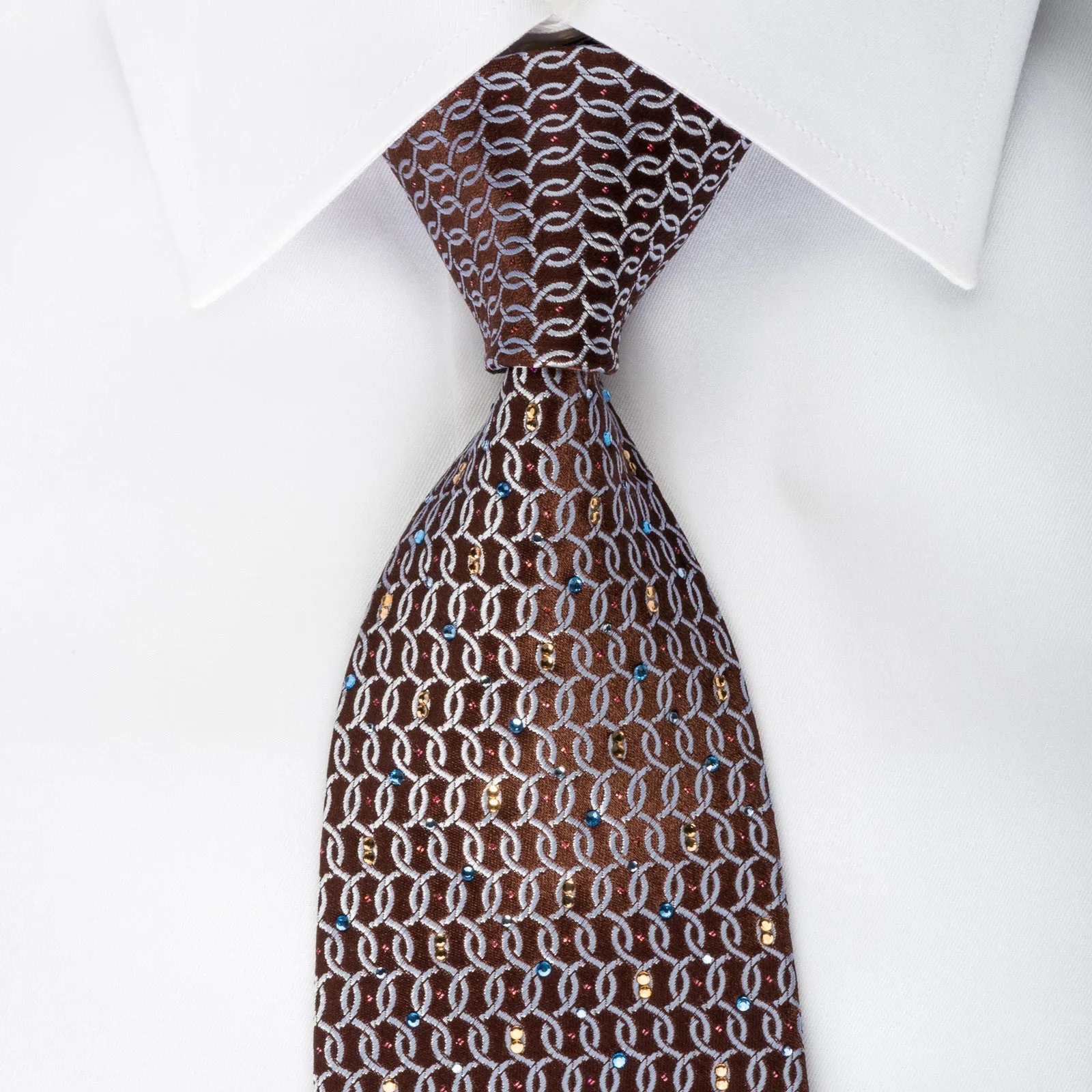 Renoma Rhinestone Silk Necktie Silver Blue Interlocking Circles On Brown With Sparkles