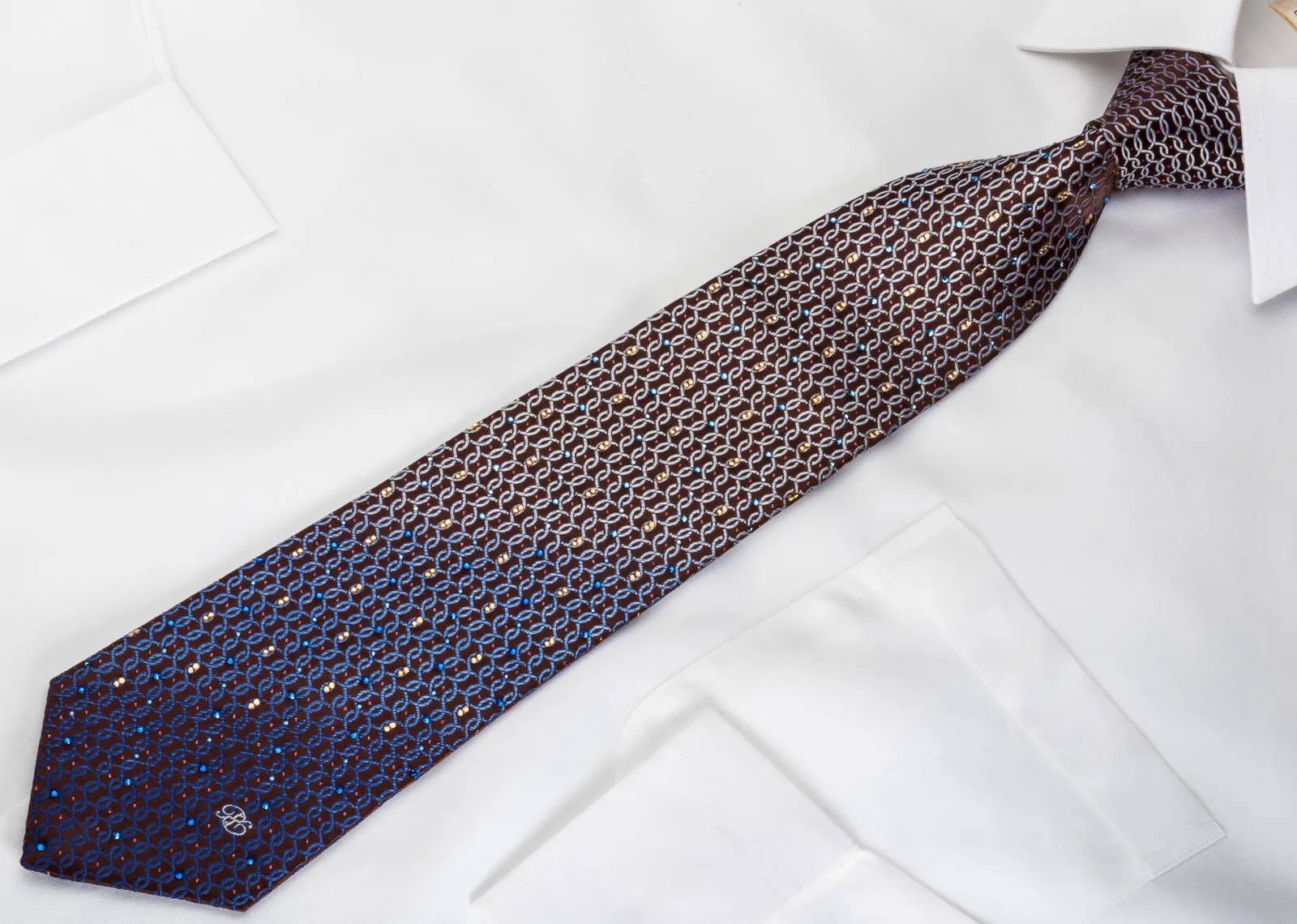 Renoma Rhinestone Silk Necktie Silver Blue Interlocking Circles On Brown With Sparkles