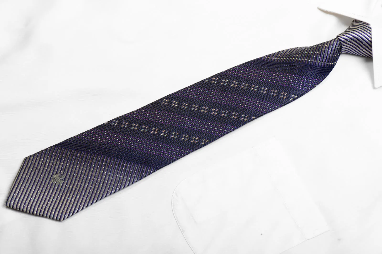 Renoma Silk Necktie Silver Purple Striped Chevron With Rhinestones & Sparkles