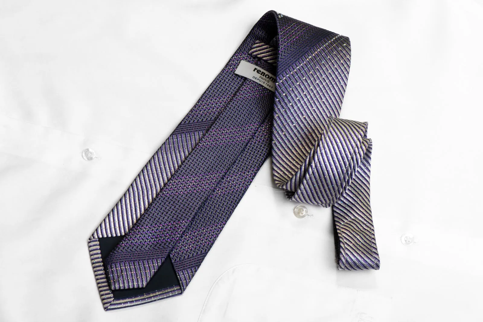 Renoma Silk Necktie Silver Purple Striped Chevron With Rhinestones & Sparkles