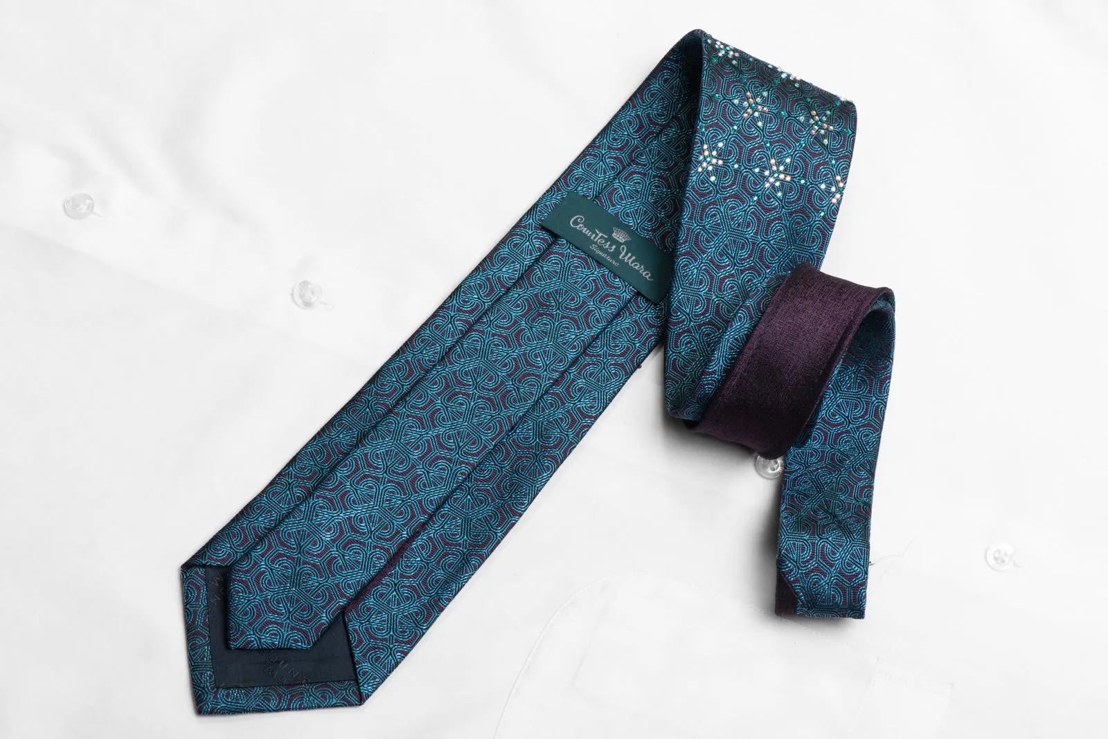 Rhinestone Necktie Blue Key Trellis On Woven Purple Silk